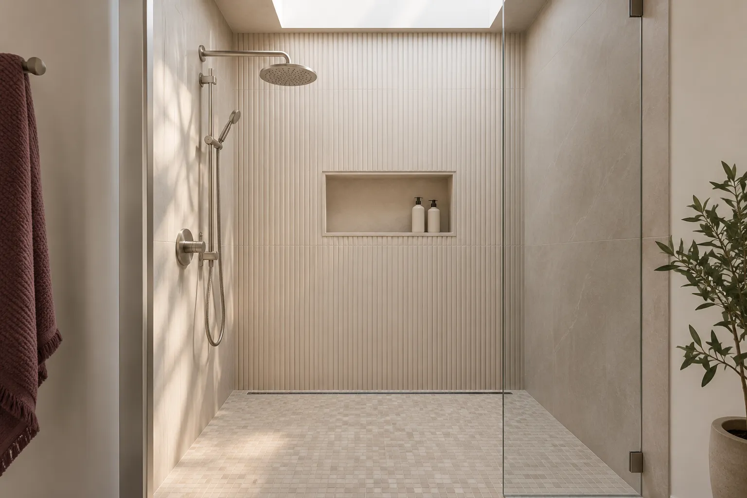 Ivory walk-in shower with ribbed wall tile, a recessed niche, a rain head and a nickel hand shower on a rail