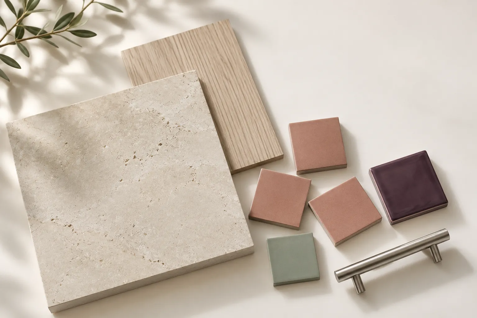 Bathroom material samples on a table: ivory stone, a pale ash panel, rose clay, plum and sage tiles and a nickel pull